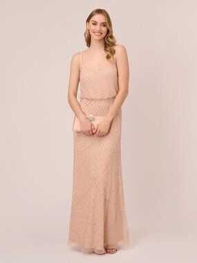 adrianna papell mock neck beaded column dress with t-back Adrianna Papell | Dresses | Mock Neck Beaded Column Dress With Tback In Biscotti
